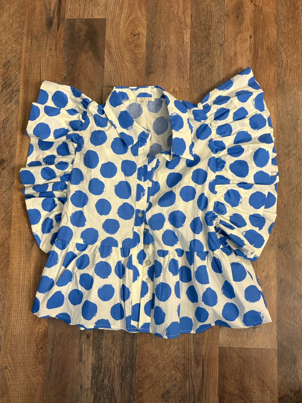 JODIFL Cream and Blue Polka Dot Ruffle Skirt